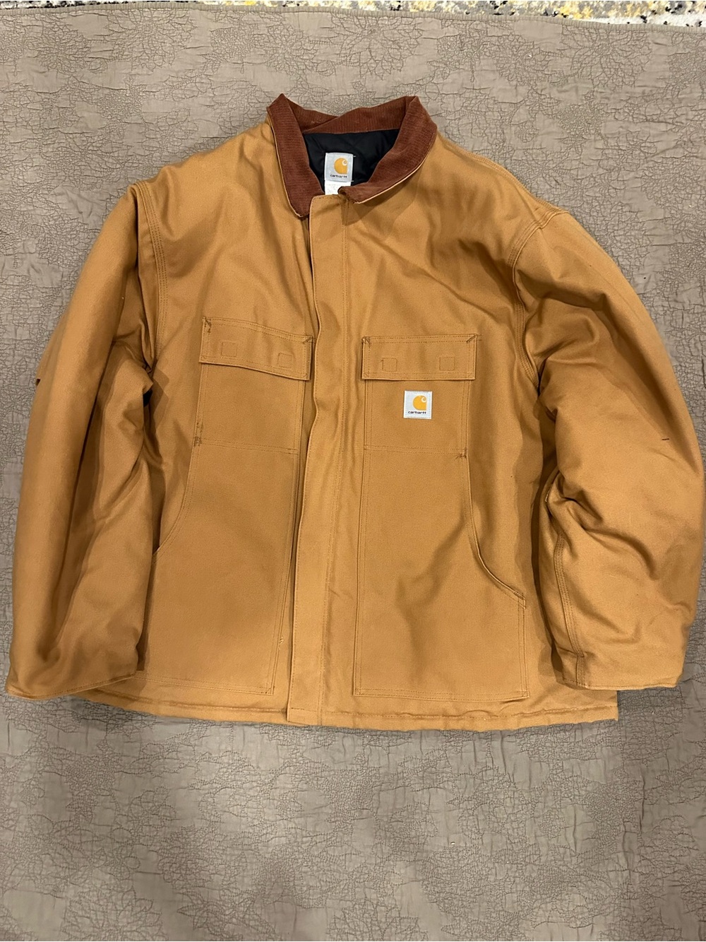 Carhartt Men’s Tan Canvas Duck Jacket with Brown Corduroy Collar